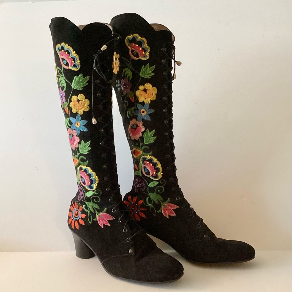 Vintage Penny Lane Embroidered Lace Up Granny Boots sz 7.5